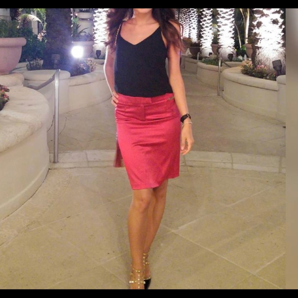 Galliano Red Midi Pencil Skirt Stretchy Satin XS